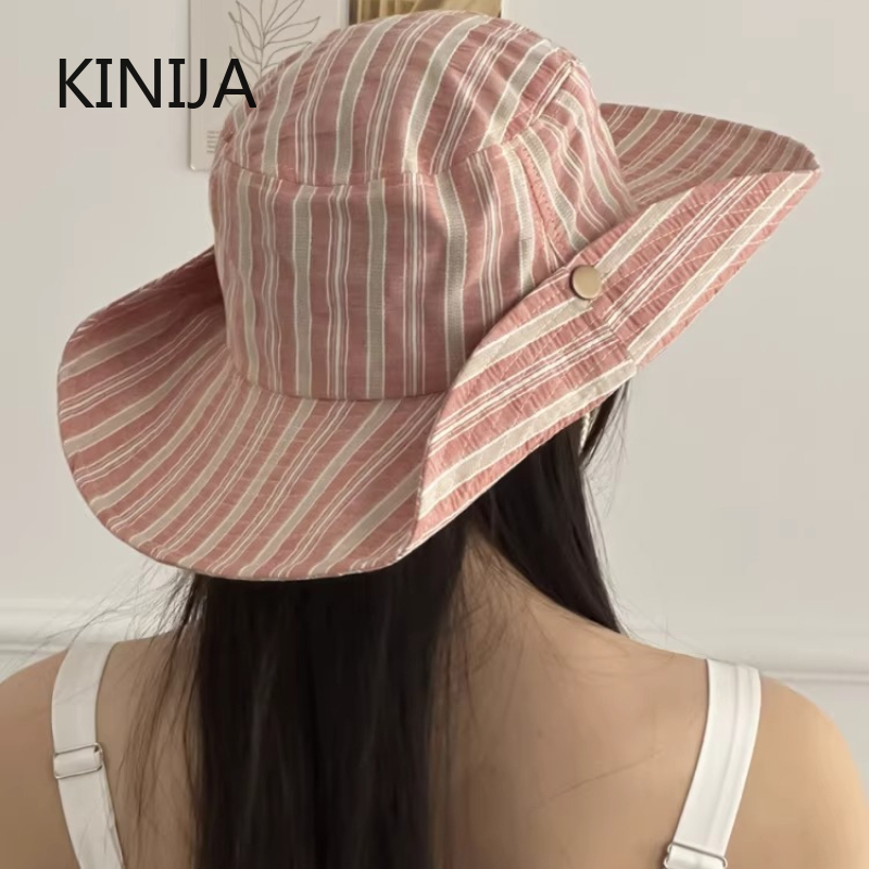Travel Accessories Kmart - หมวกบักเก็ตลายทางสไตล์เกาหลีสำหรับผู้หญิง หมวกปีกกว้างสำหรับฤดูร้อน ป้องกันแสงแดด เหมาะสำหรับกิจกรรมกลางแจ้ง เดินป่า ตกปลา