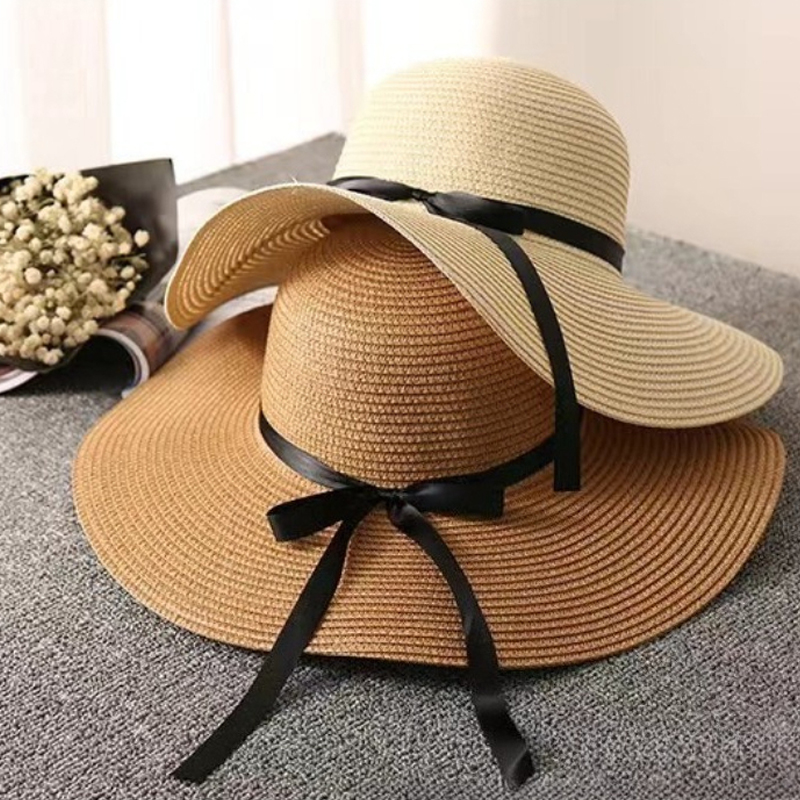 Travel Accessories Kmart - 1 ชิ้น หมวกฟางปีกกว้างสำหรับฤดูร้อน ดีไซน์โบว์พับได้ หมวกกันแดดชายหาดแบบพับได้สำหรับผู้หญิง สไตล์เกาหลี