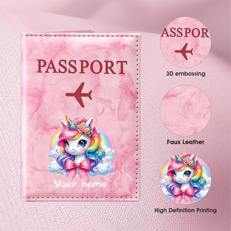 Travel Accessories Personalised - ซองใส่หนังสือเดินทาง PU แบบกำหนดเองพร้อมชื่อส่วนตัว ตกแต่งด้วยภาพประกอบยูนิคอร์นเมฆสายรุ้ง เหมาะสำหรับการเดินทางในบรรยากาศโรแมนติกแสนฝัน