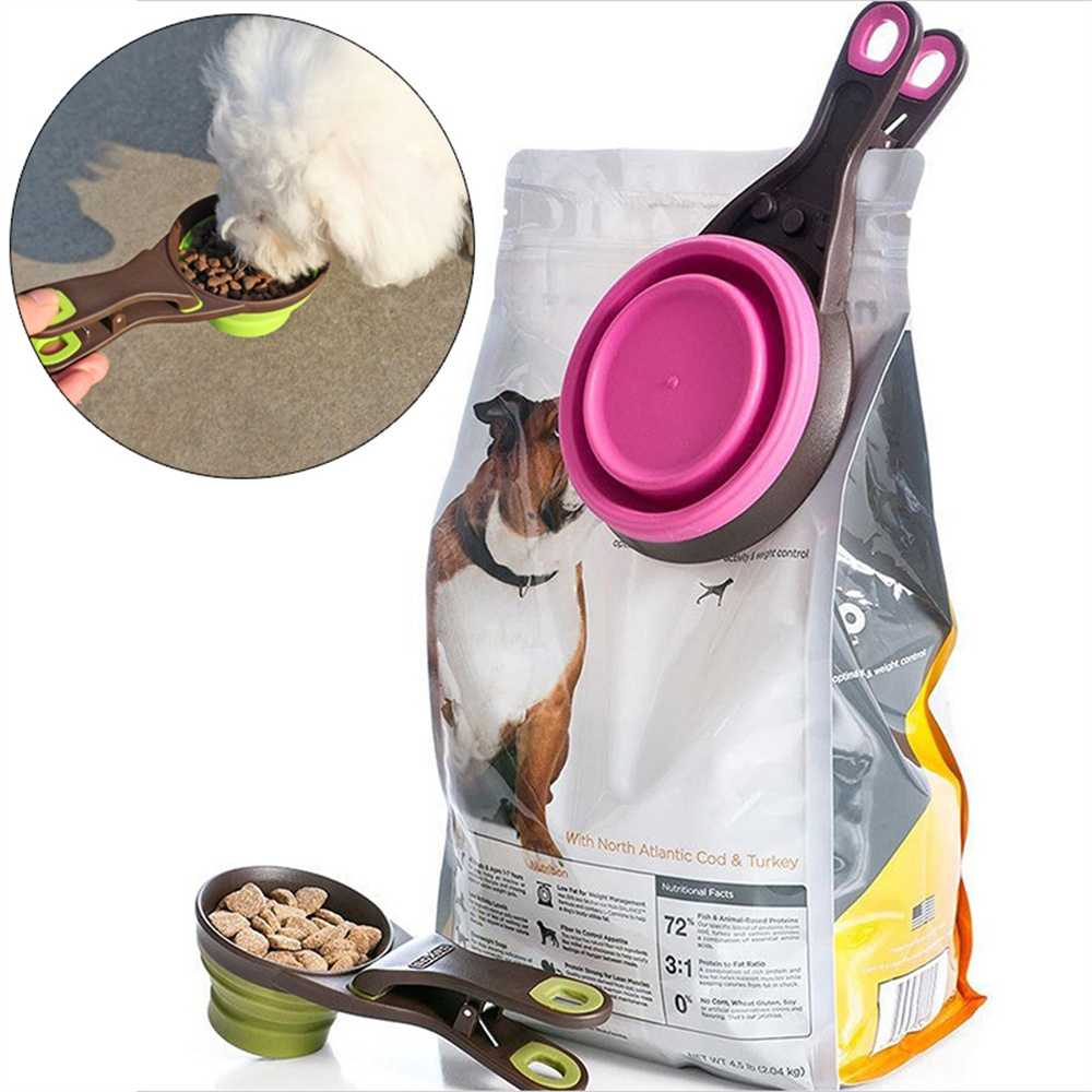 Travel Accessories For Dogs - ถ้วยตวงอาหารสัตว์เลี้ยงแบบพับได้ พกพาสะดวก ทำจากซิลิโคน พร้อมคลิปหนีบถุง 3 ขนาด